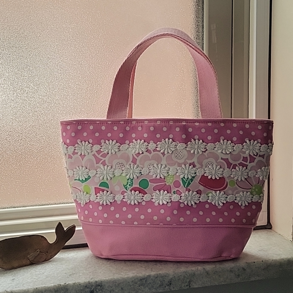 Vintage Lilly Pulitzer Mini Canvas Bag Pink Polka-dot and Lace